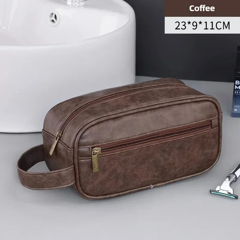 PU Leather Hanging Toiletry Bag — Multi-Pocket, Dry-Wet Separation, 28×18×15cm