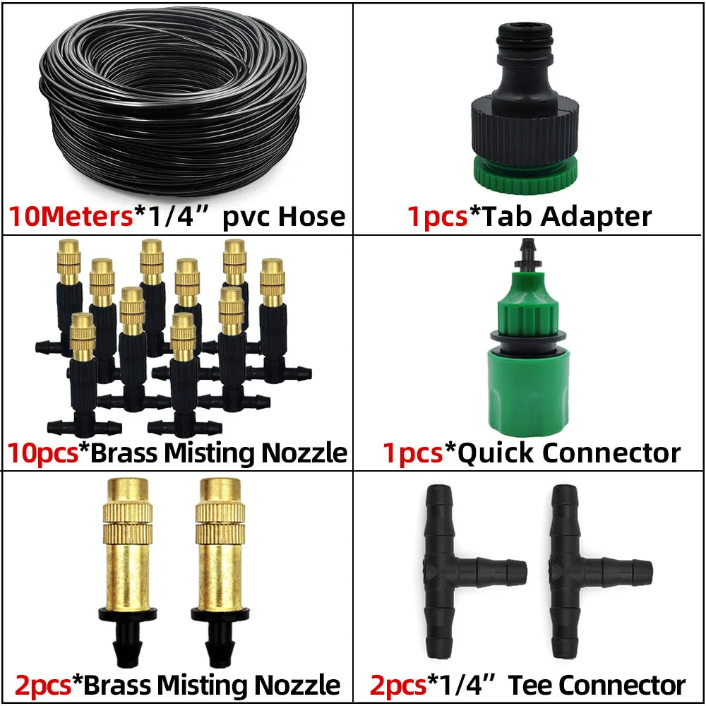 Outdoor Misting Cooling System – Brass Atomizer Nozzles & 4/7mm Hose for Patio & Greenhouse (5–30 m)