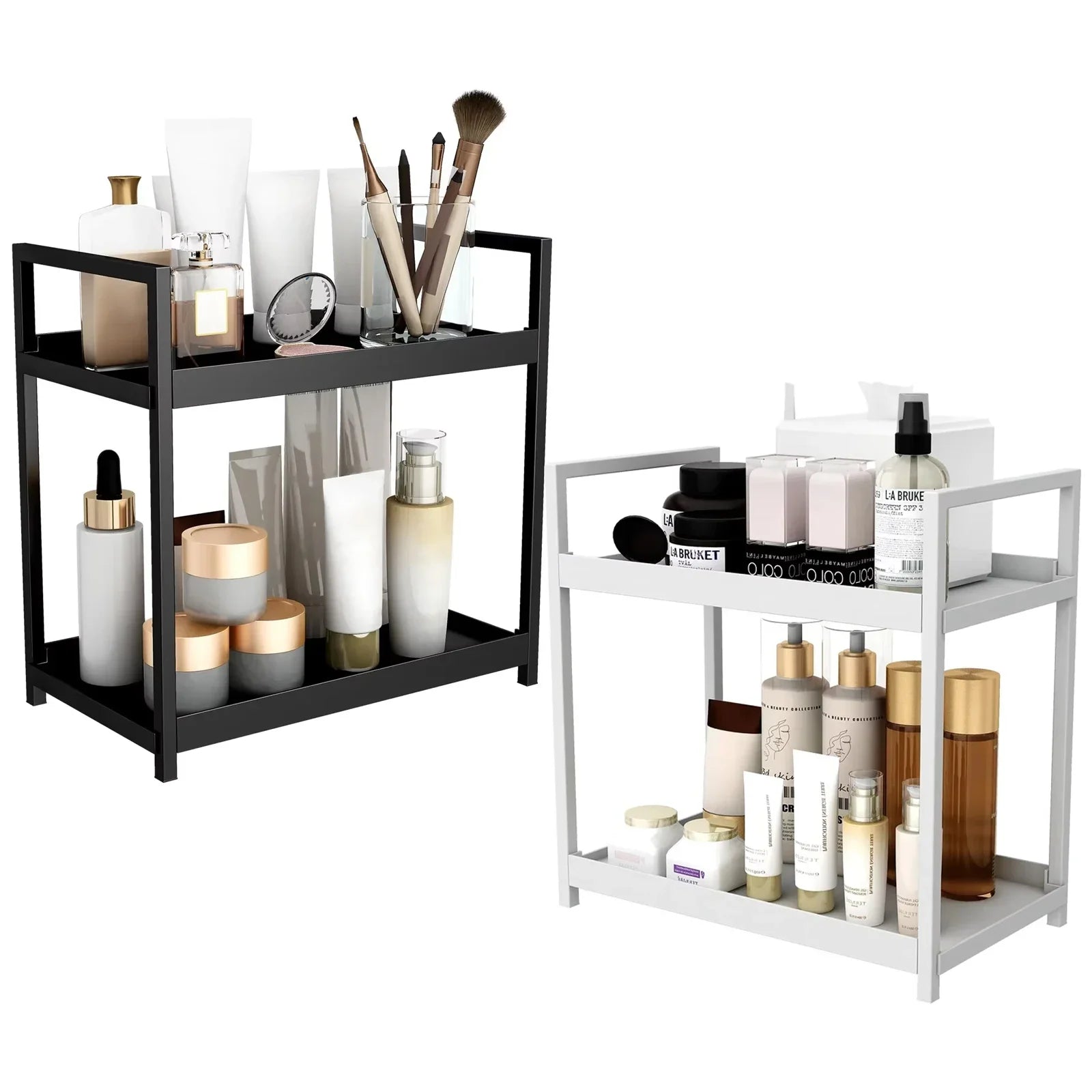 2-Tier Under-Sink Sliding Cabinet Organizer with Hooks — White or Black