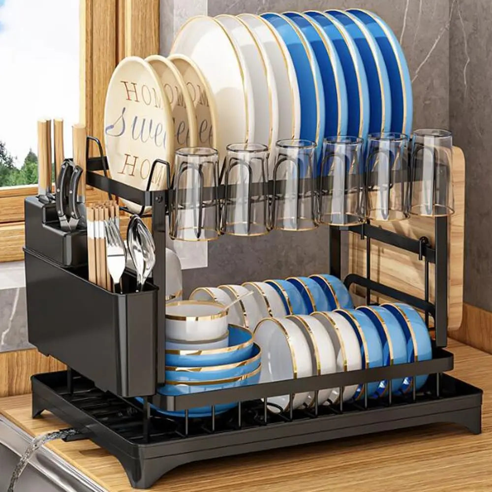 2-Tier Dish Drying Rack with Drainboard — Self-Draining, Rustproof
