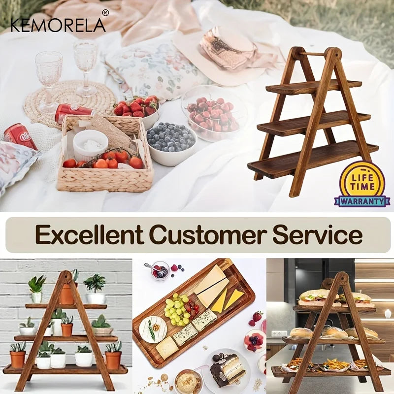 3-Tier Wooden Serving Tray — Rectangular, for Parties & Home Decor