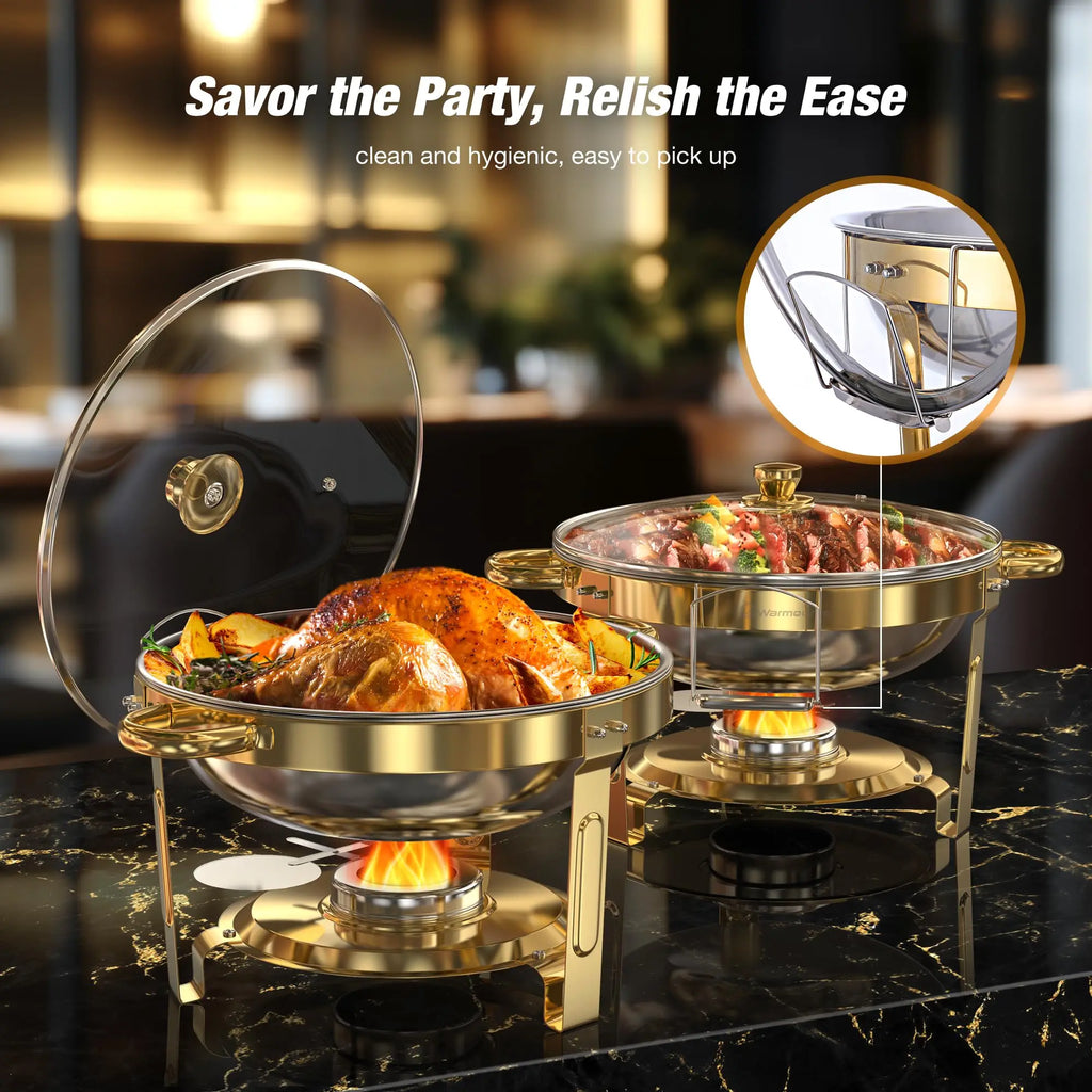 Chafing Dish Buffet Warmer Set — Gold-Plated, Glass Lid, Set of 2 or 4