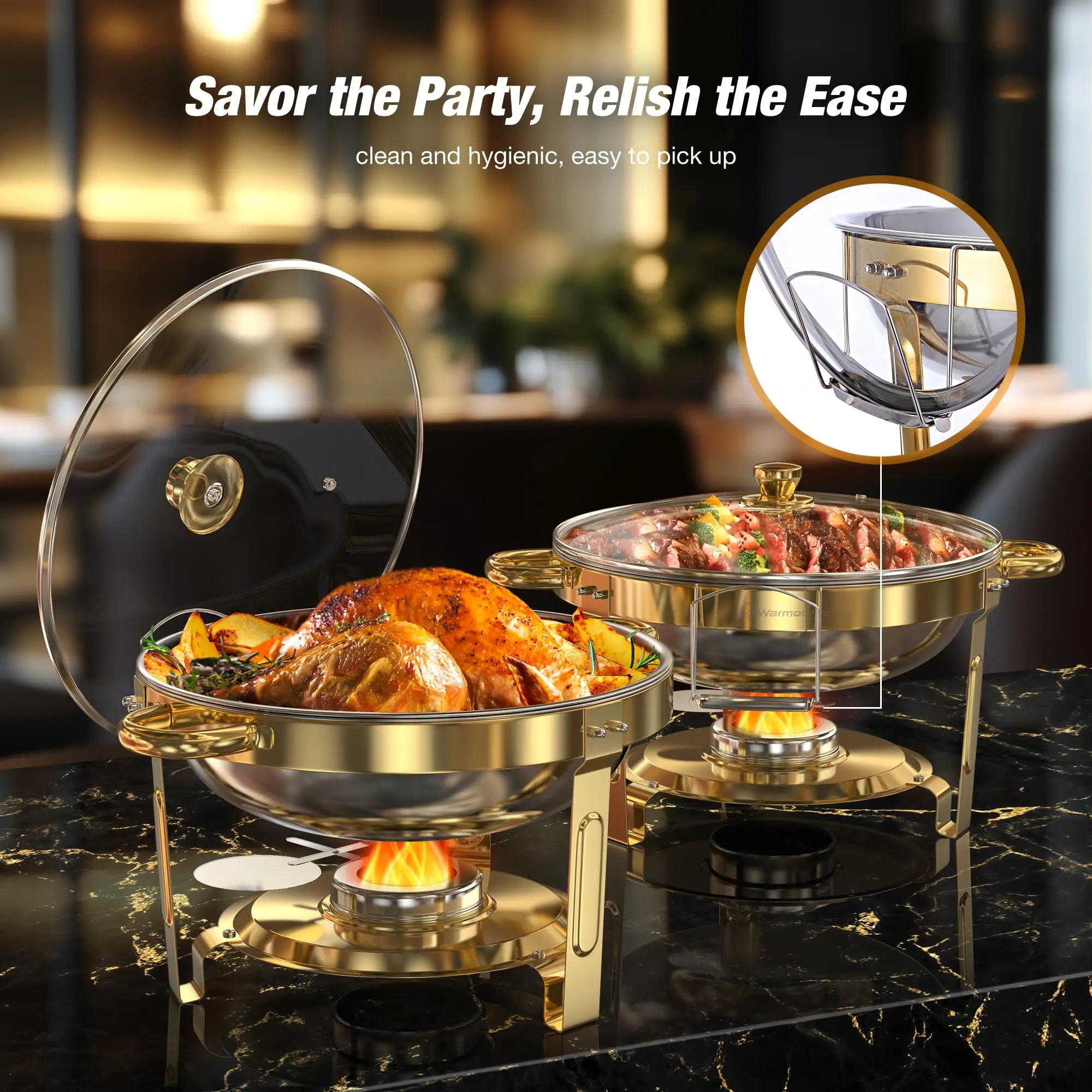 Chafing Dish Buffet Warmer Set — Gold-Plated, Glass Lid, Set of 2 or 4