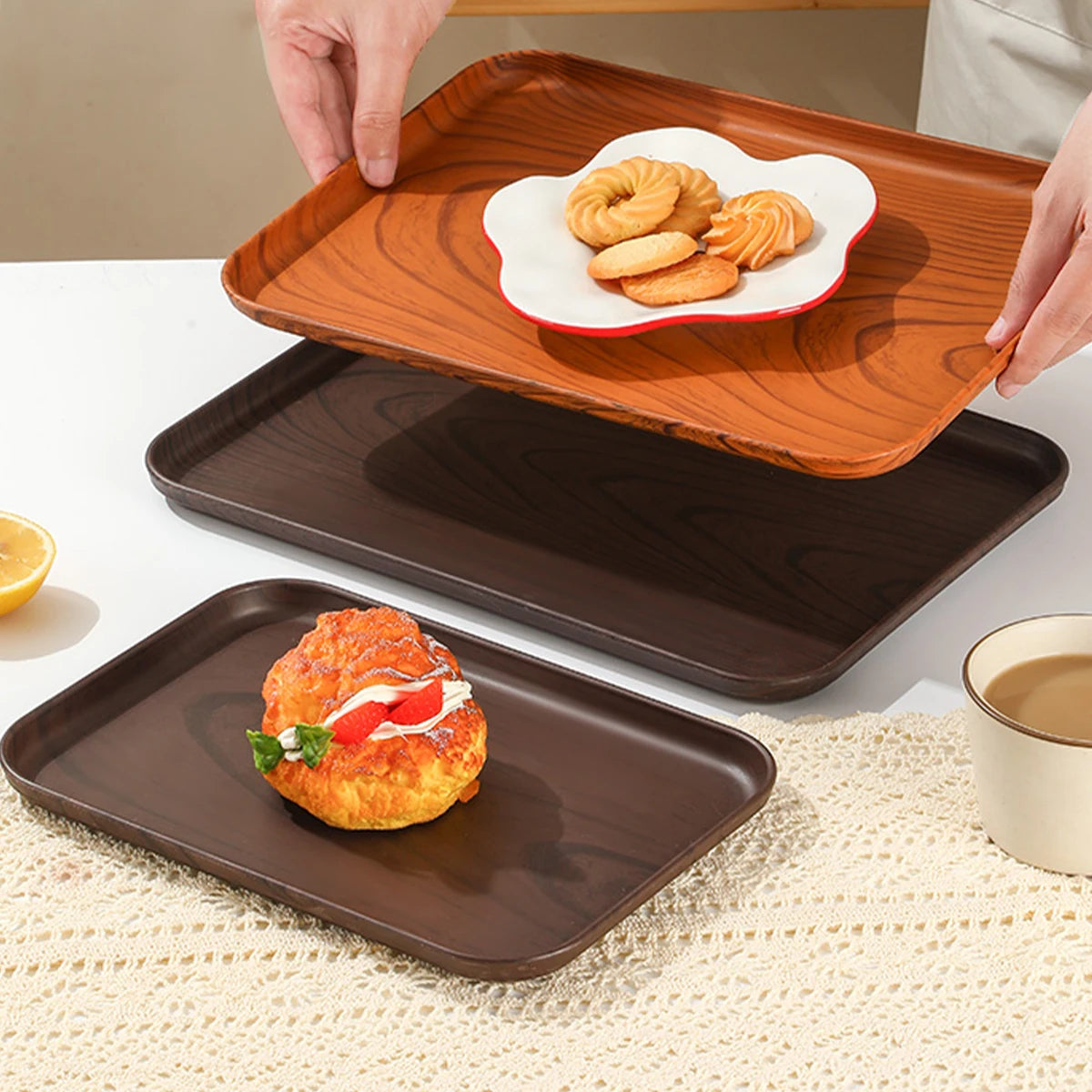 Wood Grain Plastic Stackable Food Serving Tray — Large Capacity Kitchen Organiser