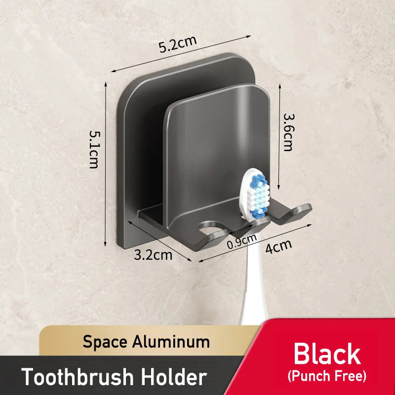 Space Aluminum Toothbrush & Cup Holder — No-Drill Wall Mount, Dual Slot