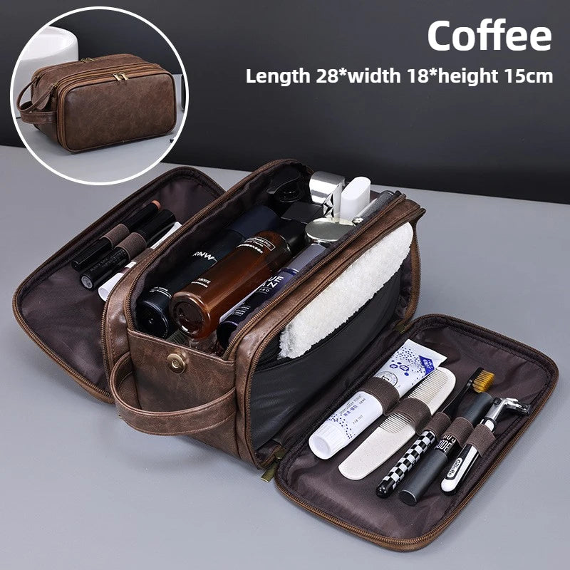 PU Leather Hanging Toiletry Bag — Multi-Pocket, Dry-Wet Separation, 28×18×15cm