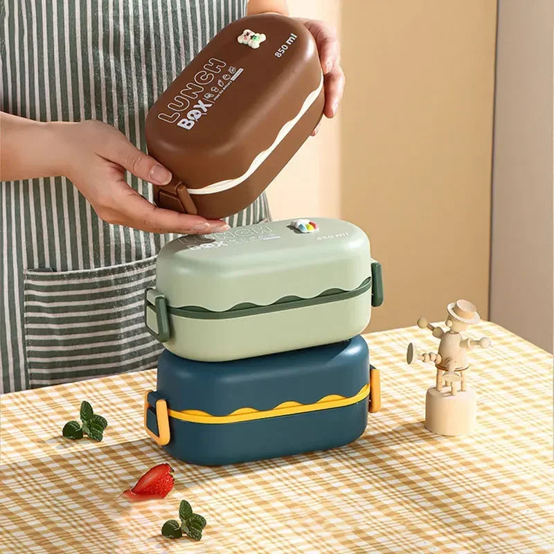 Double-Layer Compartment Lunch Box with Spoon — Leakproof, Microwavable