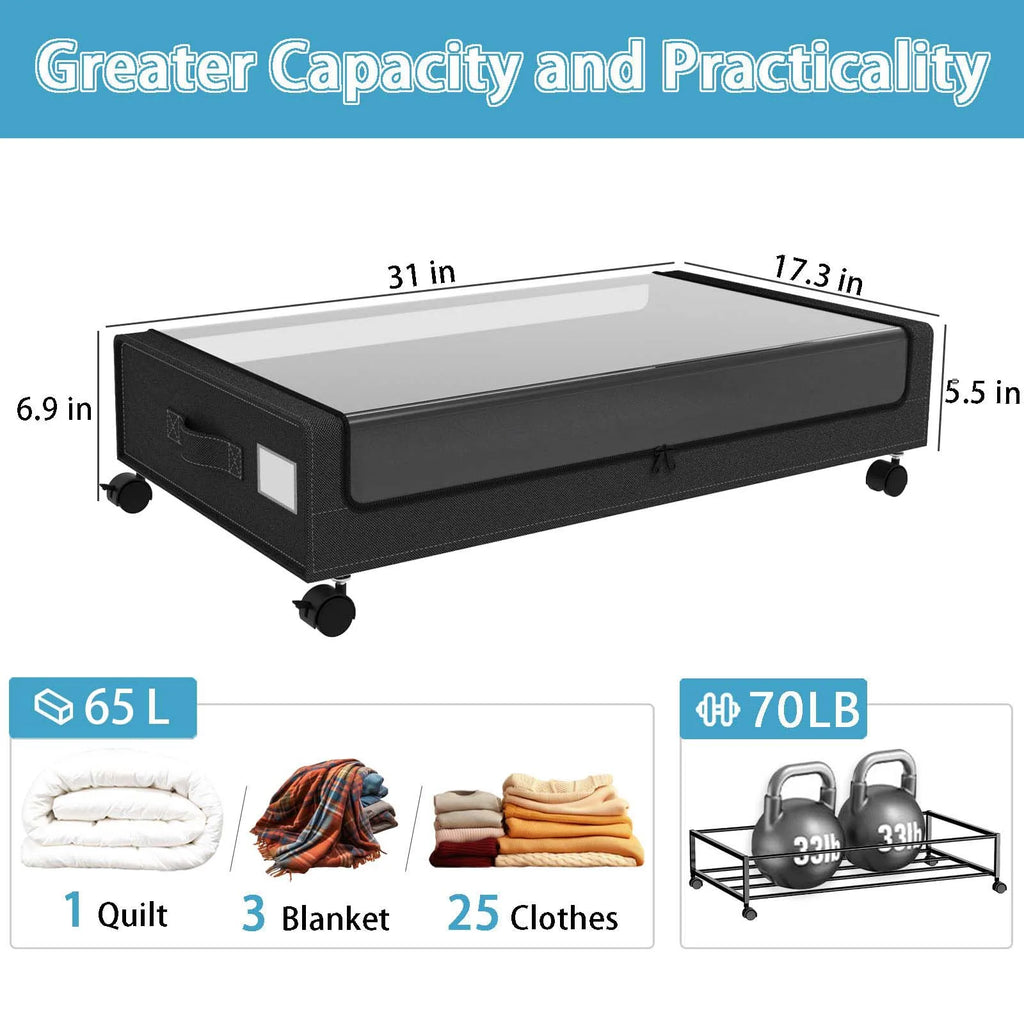 Under-Bed Storage Containers with Wheels & Clear Lids — Set of 2 (48L each)