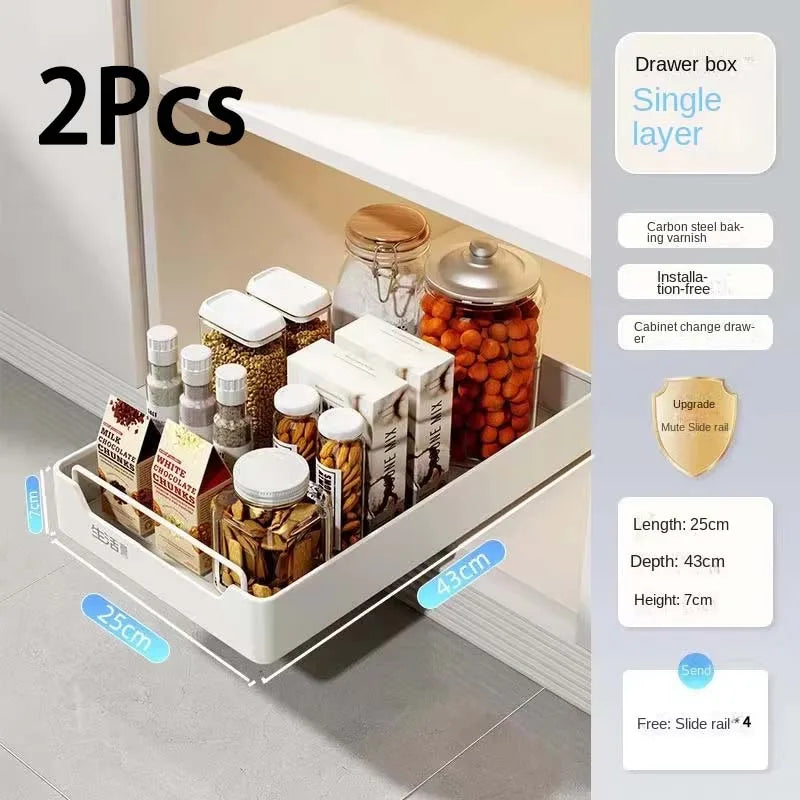 Pull-Out Cabinet Storage Rack with Slide Rails — No-Drill, Smooth & Quiet