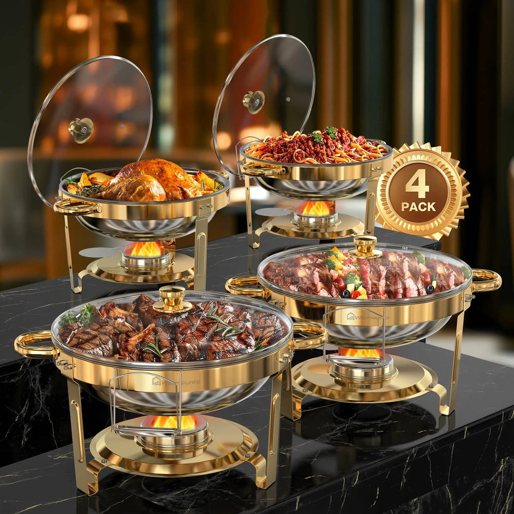 Chafing Dish Buffet Warmer Set — Gold-Plated, Glass Lid, Set of 2 or 4