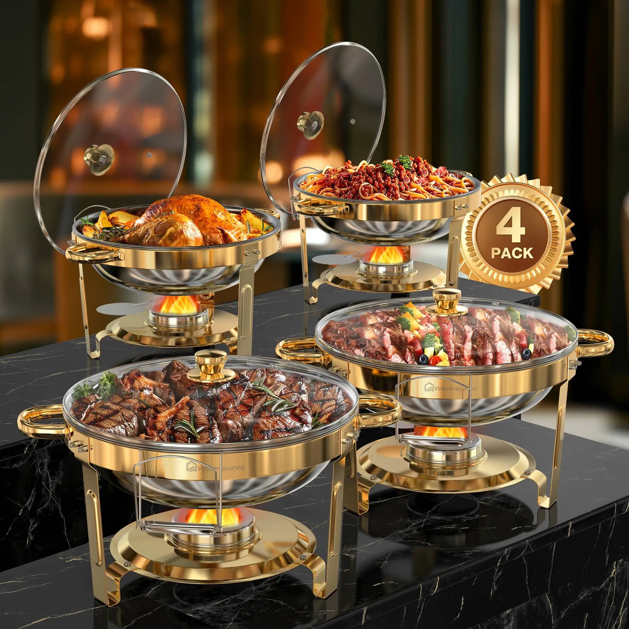 Chafing Dish Buffet Warmer Set — Gold-Plated, Glass Lid, Set of 2 or 4