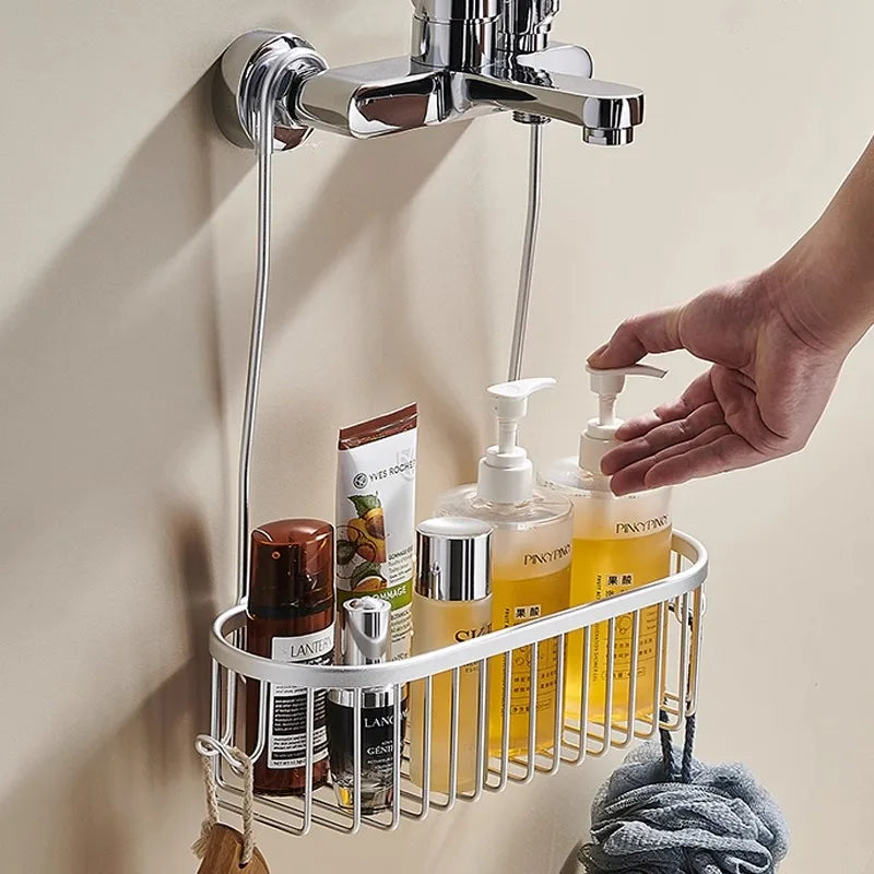 Hanging Shower Caddy with Hooks — No-Drill Aluminum Basket, 30×11.5×9cm