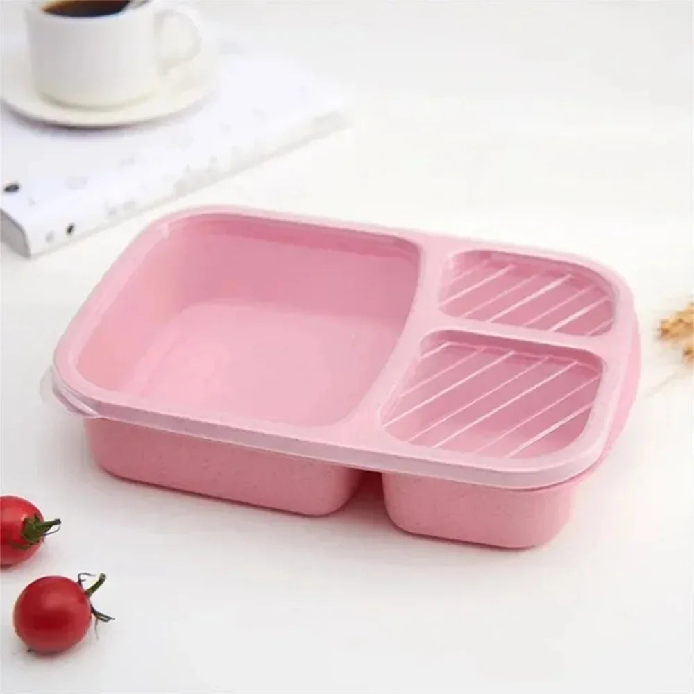 Wheat Straw Bento Lunch Box — 3 Compartments, Leakproof, Microwave Safe