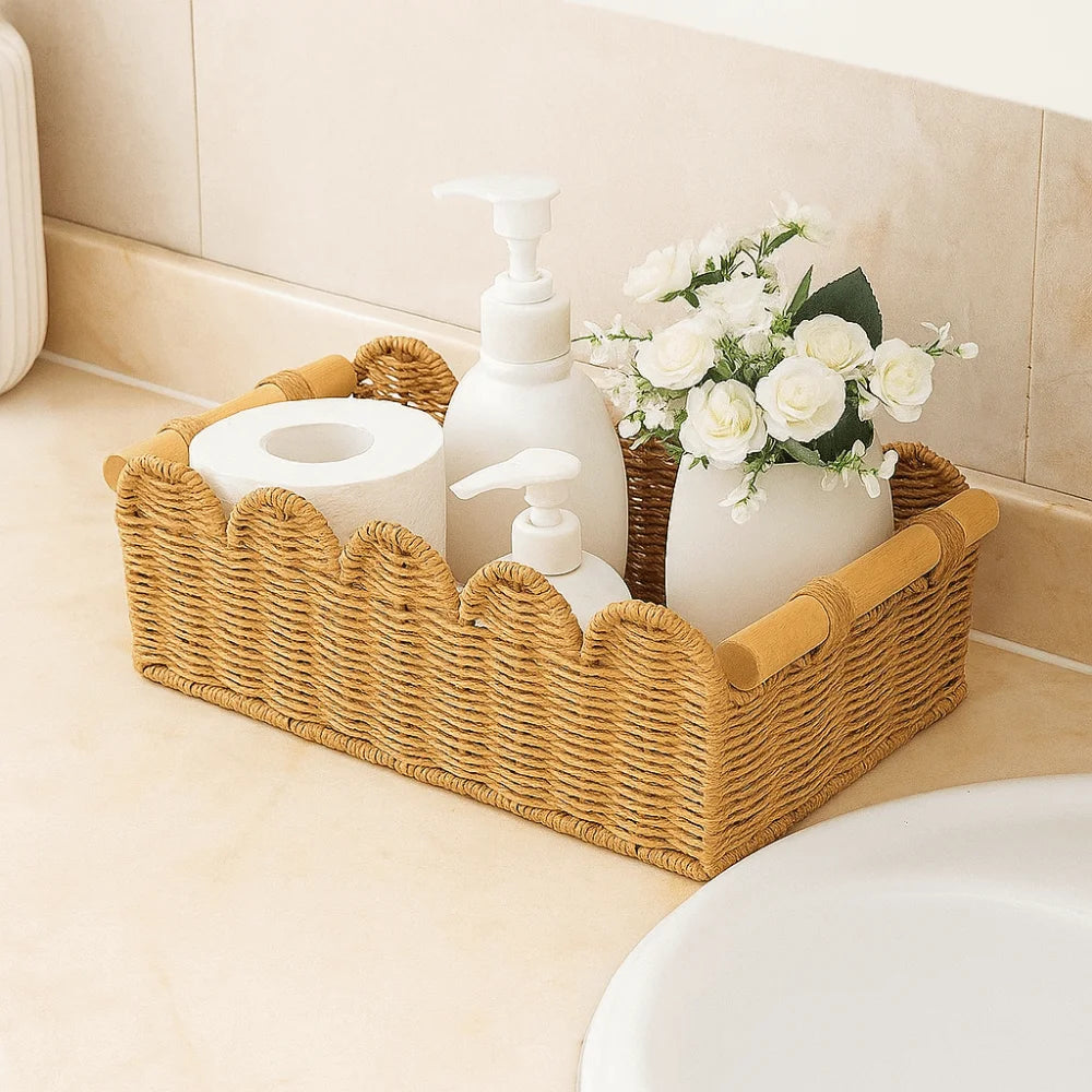 Handwoven Paper Rope Storage Basket — Scalloped Edge, Toilet Paper & Decor