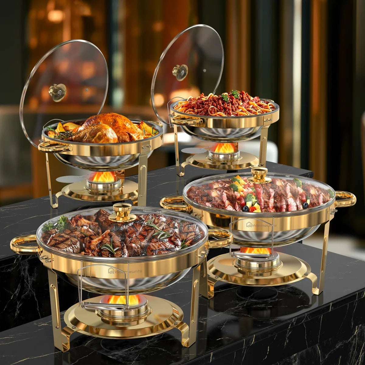 Chafing Dish Buffet Warmer Set — Gold-Plated, Glass Lid, Set of 2 or 4