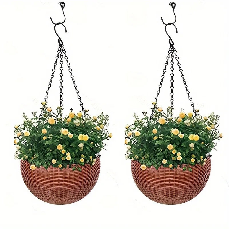 Elegant Polypropylene Self-Watering Hanging Planters with Rattan Design - Easy Drain Plug for Efficient Watering