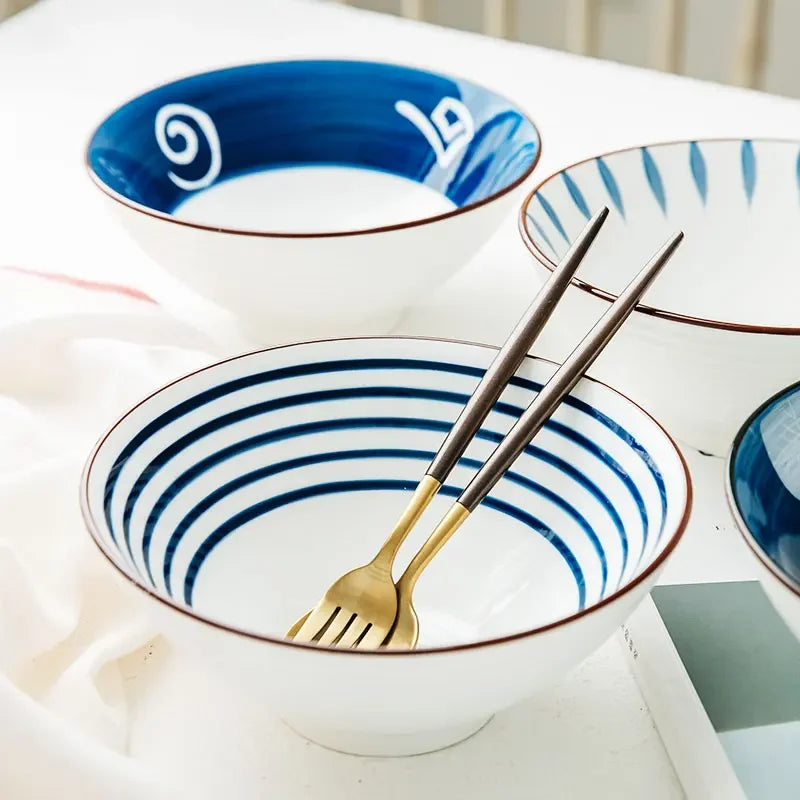 Japanese Ramen Bowl — Ceramic, Blue, Microwave Safe