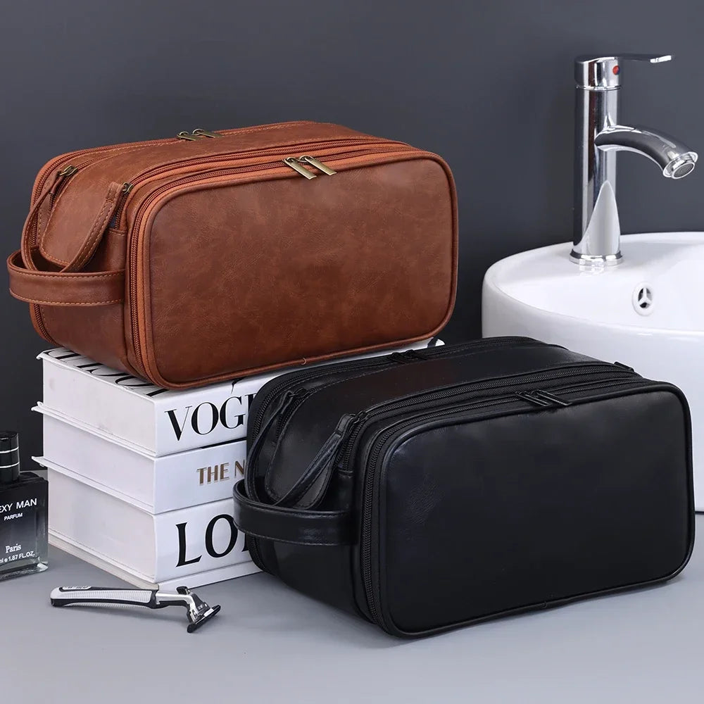 PU Leather Hanging Toiletry Bag — Multi-Pocket, Dry-Wet Separation, 28×18×15cm