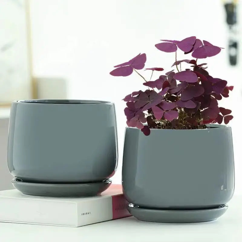 Large Nordic Ceramic Flowerpot with Tray – Glazed Balcony & Indoor Planter