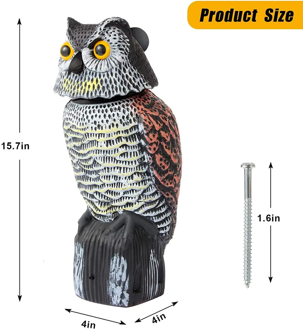 Realistic Owl Decoy Scarecrow — Rotating Head & Sound, Garden Bird Repellent