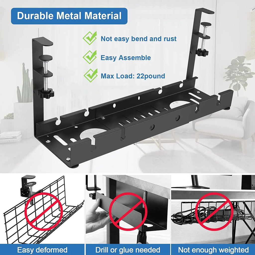 Telescopic Under-Desk Cable Management Tray — No-Drill Metal Wire Organizer