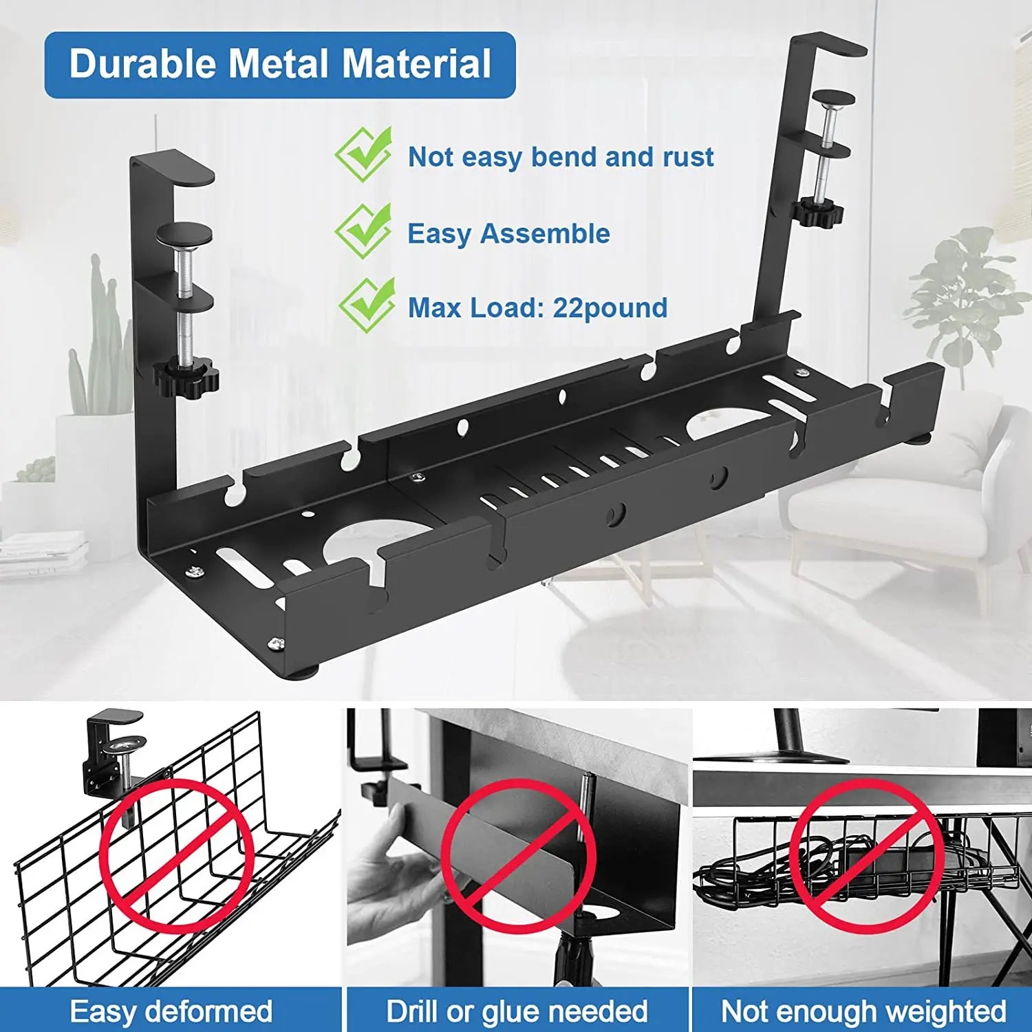 Telescopic Under-Desk Cable Management Tray — No-Drill Metal Wire Organizer