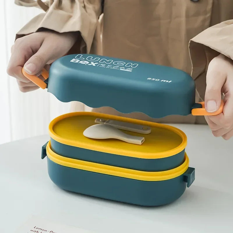 Double-Layer Compartment Lunch Box with Spoon — Leakproof, Microwavable