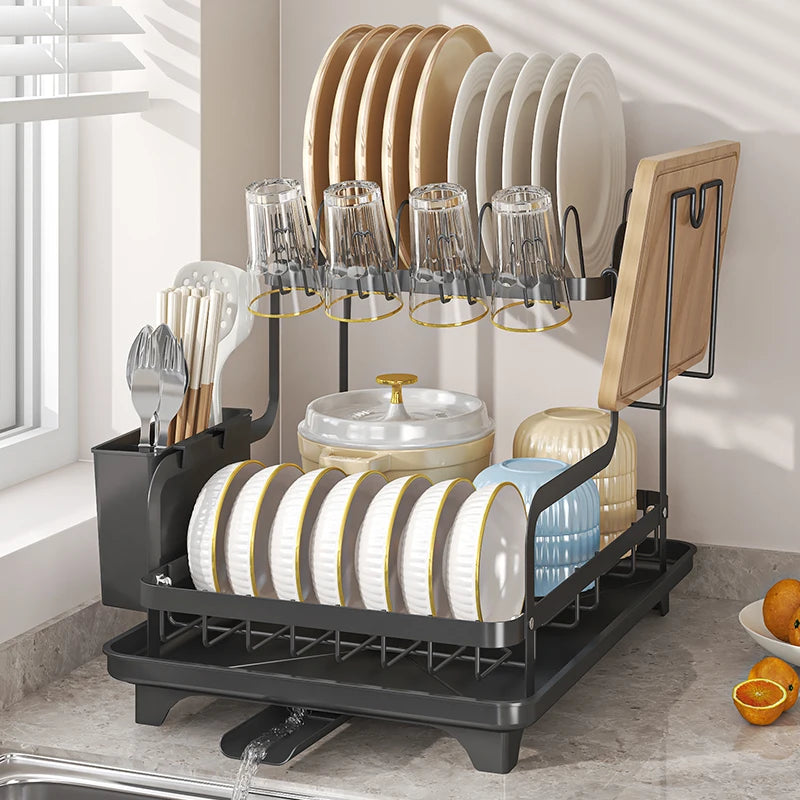 2-Tier Over-Sink Dish Drying Rack — Auto-Draining, No-Drill Install