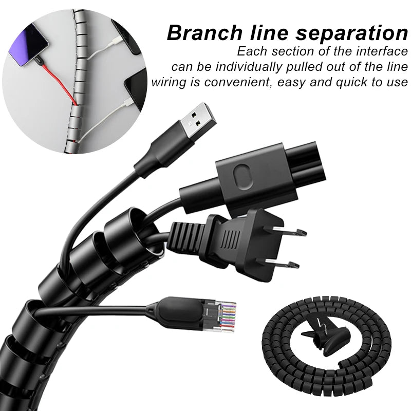 2M Flexible Cable Management Sleeve — PE Spiral Wire Wrap