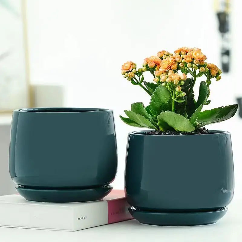 Large Nordic Ceramic Flowerpot with Tray – Glazed Balcony & Indoor Planter