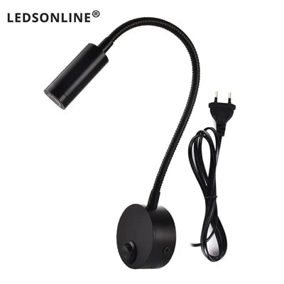3W LED Reading Wall Lamp — Flexible, Plug-In, Black, Silver or White