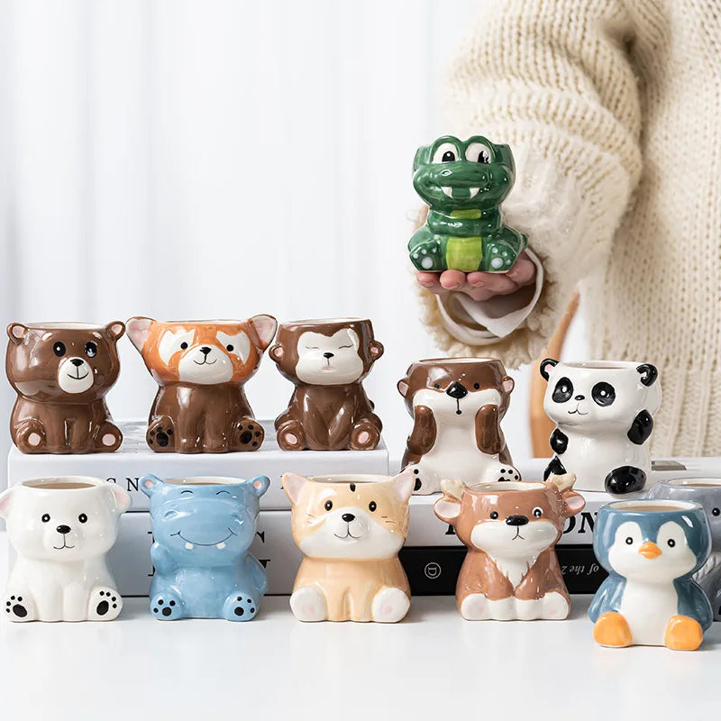 Cartoon Animal Ceramic Flower Pot – Cute Dog & Tiger Desktop Planter