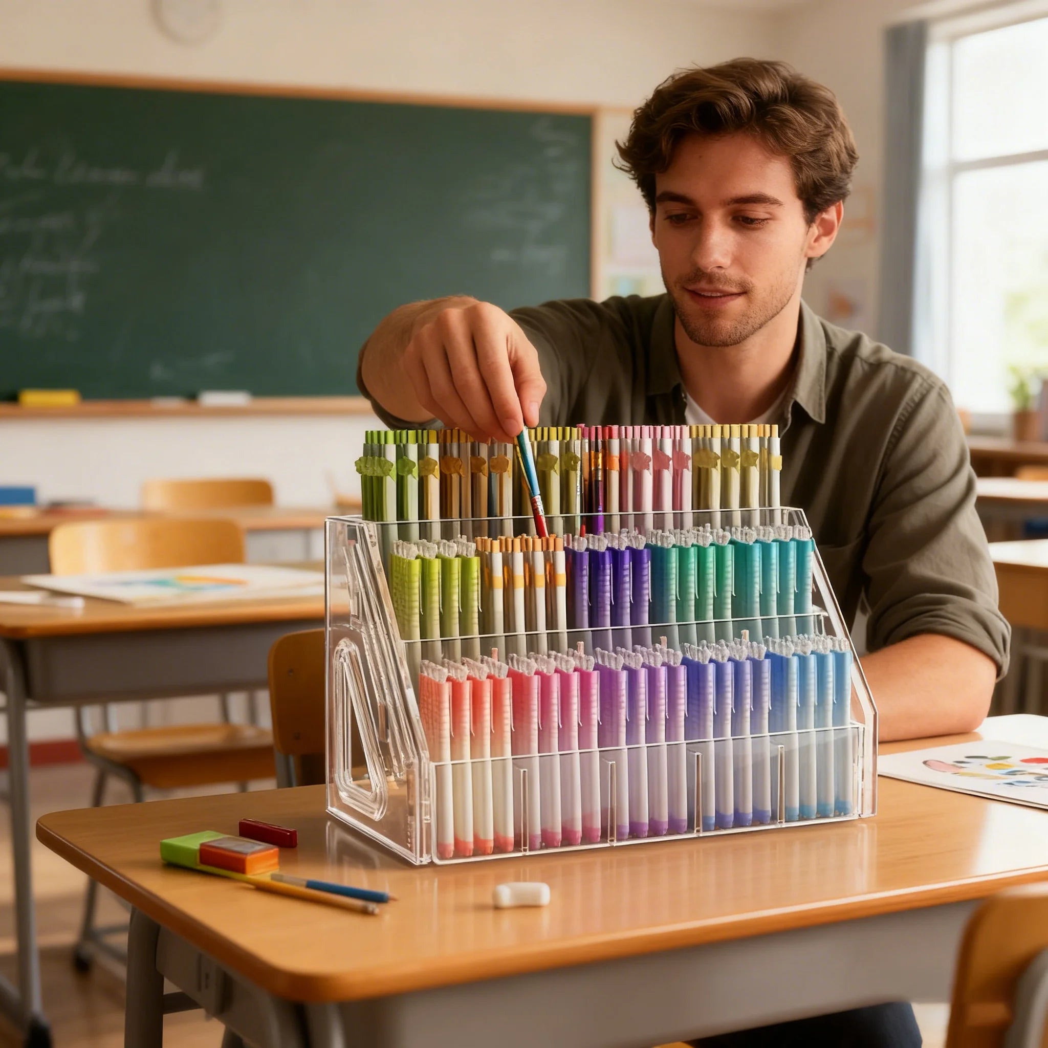 Acrylic Pen & Paintbrush Holder — Multi-Compartment Desk Organizer