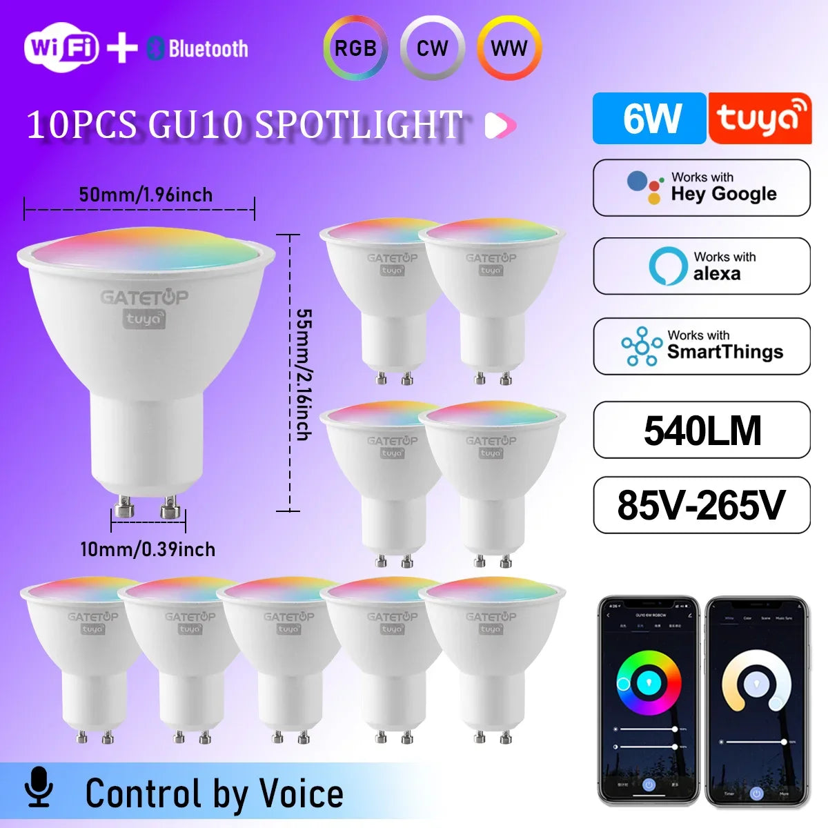 Tuya WiFi GU10 Smart Spotlight — Dimmable, Alexa & Google Compatible