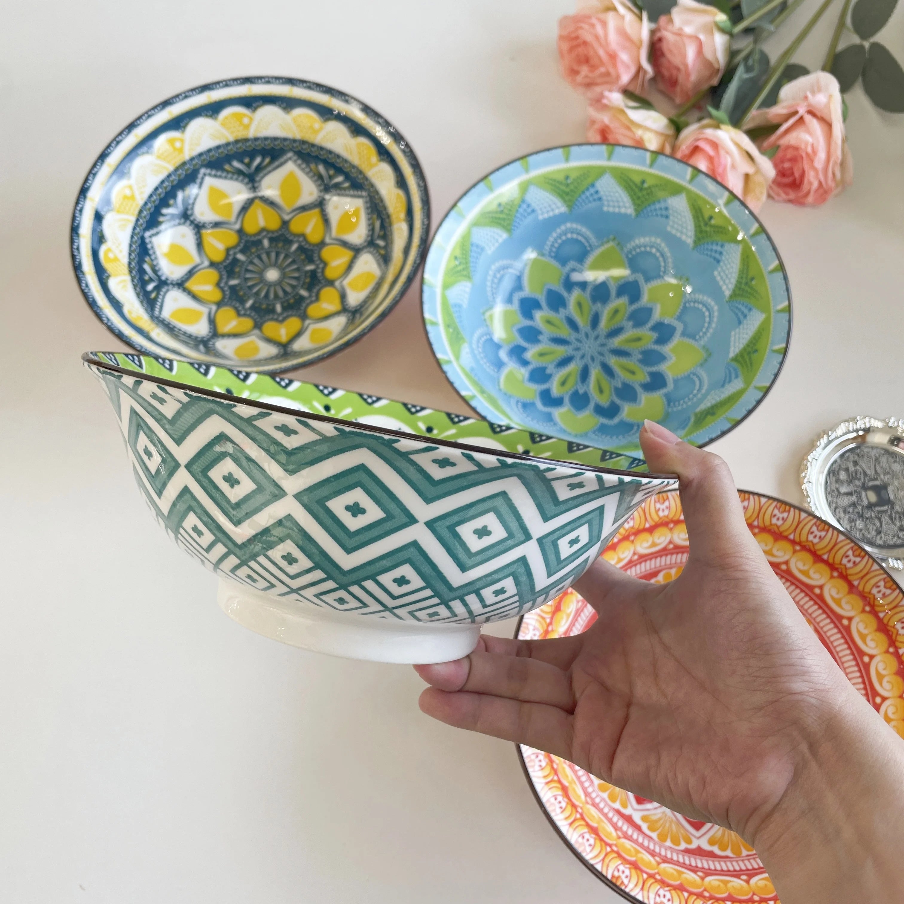 Bohemian Ceramic Soup Bowl — Microwave & Dishwasher Safe, Set of 1 or 4