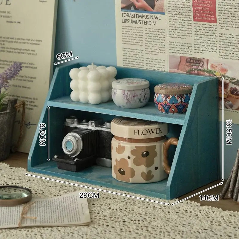 Solid Wood Retro Desktop Organizer — Multi-Layer Storage Rack