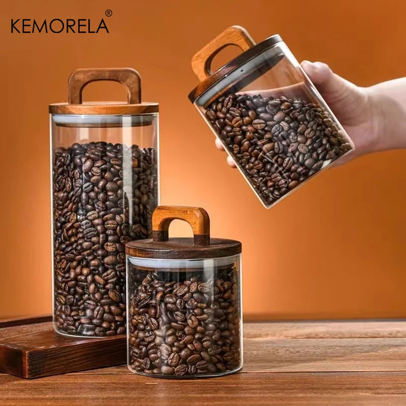 Glass Storage Jar with Wooden Lid — Airtight, for Coffee, Tea & Pantry