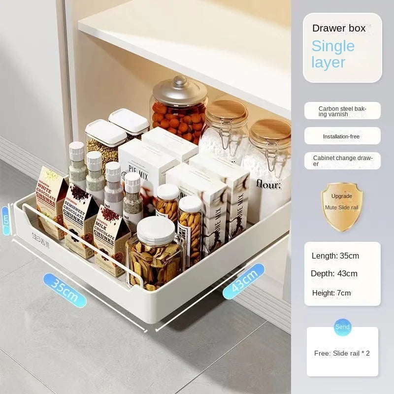 Pull-Out Cabinet Storage Rack with Slide Rails — No-Drill, Smooth & Quiet