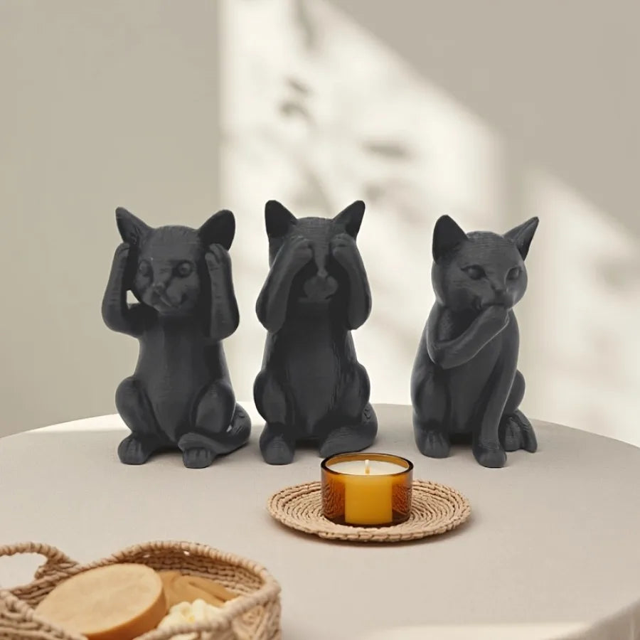 Three Wise Cats Minimalist Sculpture Set — See, Hear & Speak No Evil