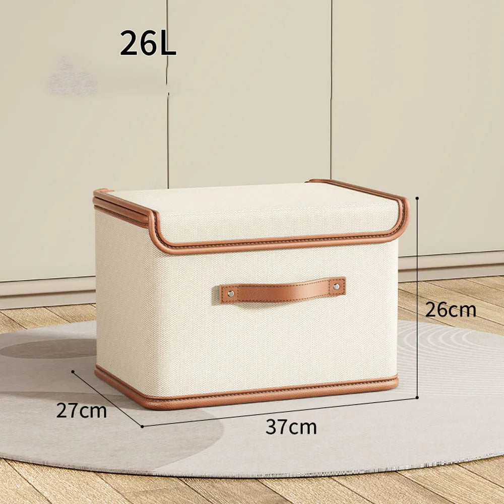 Zipped Cotton Linen Storage Box with Leather Handle