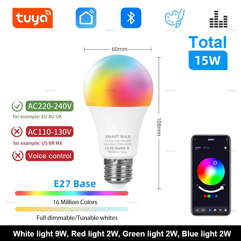 Tuya Bluetooth RGBCW Smart Bulb E27 — 16 Million Colours, Music Sync