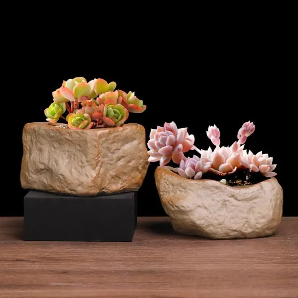 Stone Shape Ceramic Succulent Pot – Nordic Style Planter with Drainage Hole