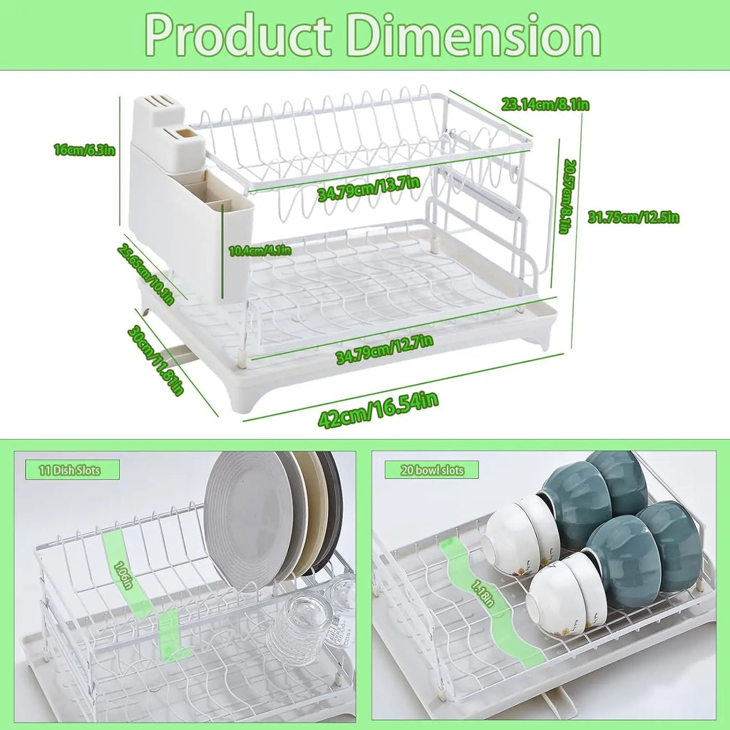 2-Tier Dish Drying Rack with Drainboard — Self-Draining, Rustproof