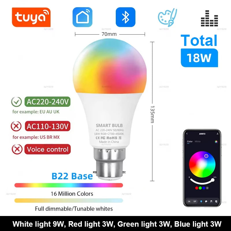 Tuya Bluetooth RGBCW Smart Bulb E27 — 16 Million Colours, Music Sync