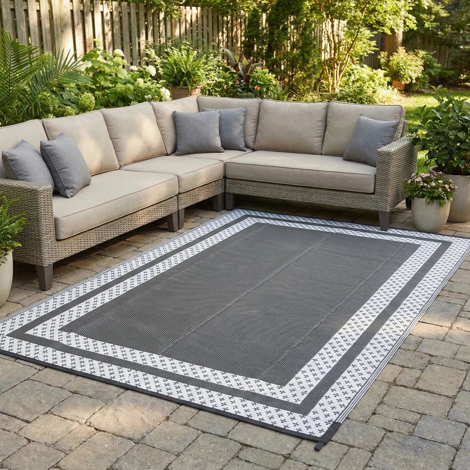 PP Outdoor Mat 6×9ft – Gray & White Grid with Ground Pegs for Patio & Camping