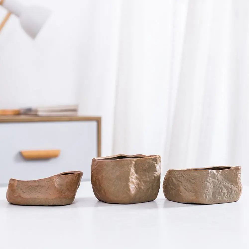 Stone Shape Ceramic Succulent Pot – Nordic Style Planter with Drainage Hole