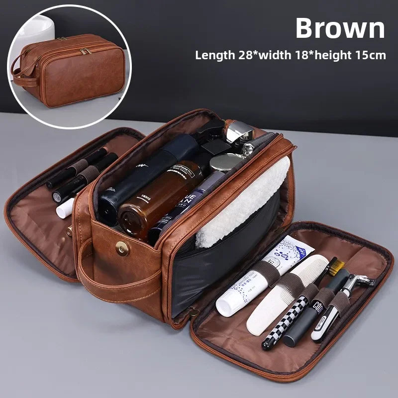 PU Leather Hanging Toiletry Bag — Multi-Pocket, Dry-Wet Separation, 28×18×15cm