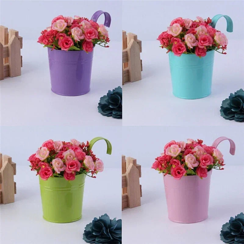 Metal Iron Hanging Flower Pot – Colorful Balcony Bucket Planter (10 Colors)