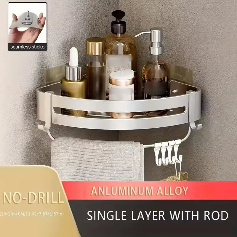 No-Drill Aluminum Corner Shower Shelf — Wall-Mounted Bathroom Organizer