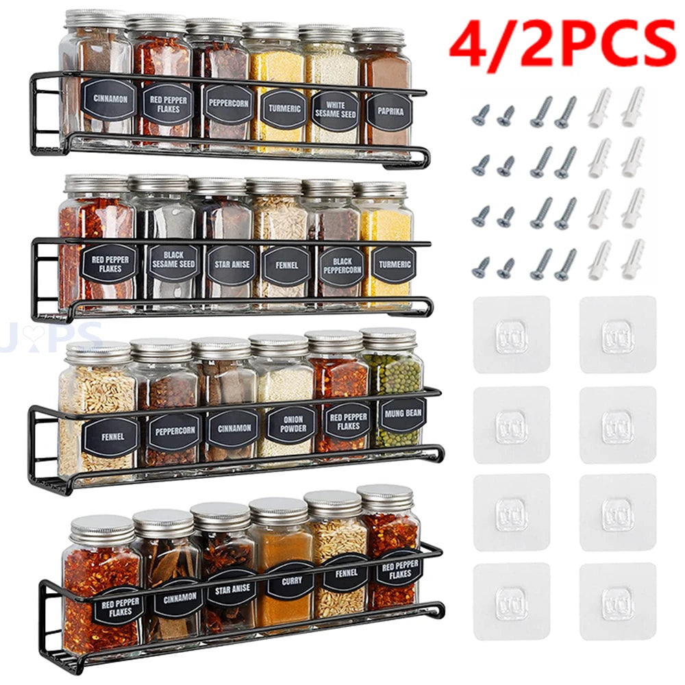 Wall-Mount Metal Spice Rack Organizer — Space-Saving, Drill or Adhesive